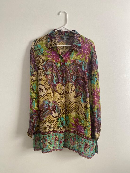 Go Silk Tops - Go Silk Women's Paisley Sheer Floral 100% Silk Button-Down Blouse Size 1X